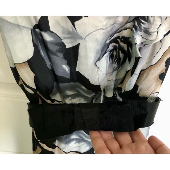White House Black Market Women's 4 Silk Floral Dress w/ Belt Black Cream Gray - Picture 4 of 6